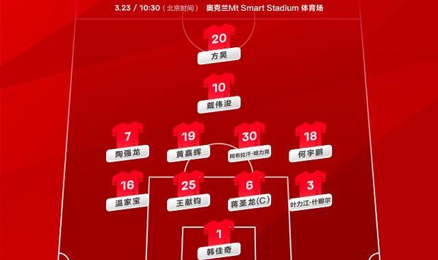 亚运队VS新西兰U22首发：4411阵容 方昊戴伟浚领衔